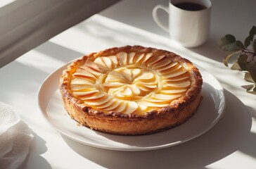 Freshly Baked Apple Tart on a White Plate with a Cup of Coffee and Natural Light in a Cozy Kitchen Setting