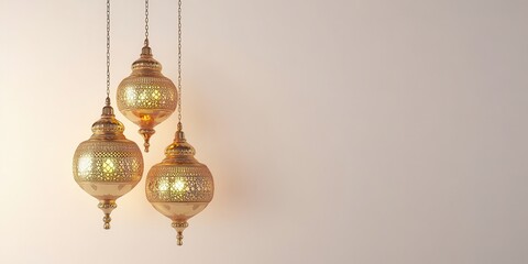 Three ornate gold hanging lanterns against a light beige background.
