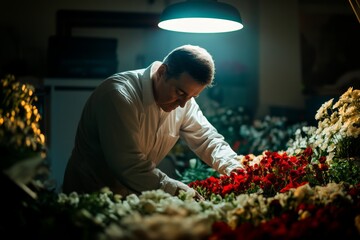 Mature chef preparing fresh vegetables under spotlight