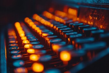 Audio mixing console with bright glowing controls