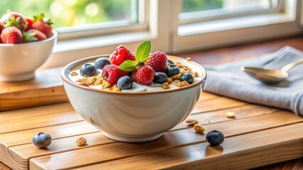 A delightful bowl of creamy yogurt topped with a medley of fresh raspberries, blueberries, and crunchy granola, bathed in soft sunlight near a window