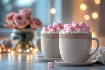 Cozy setting with hot chocolate and marshmallows in a cup