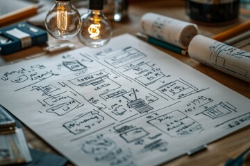 Architectural sketches and blueprints spread across a wooden table