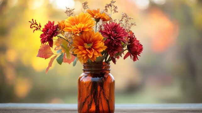 Autumn floral arrangement with vibrant dahlias in a rustic mason jar