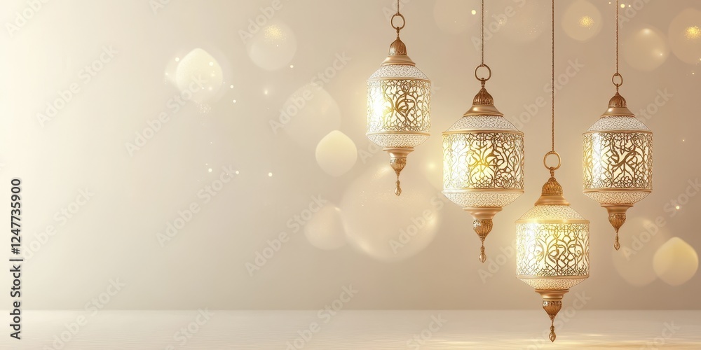 Poster glowing lanterns hanging against a soft background.