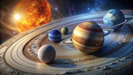 A Celestial Ballet Planets Orbiting a Fiery Star in a Dusty Ring System