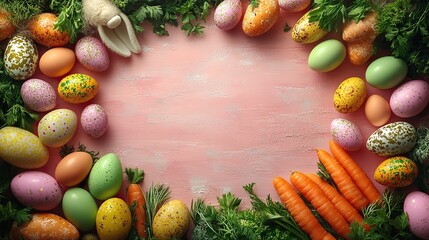 An Easter creativity scene with a top view snapshot of colored eggs, lovely hare ears, and carrot treats for the Easter bunny on a light pink canvas with an open circle for your advertisement.