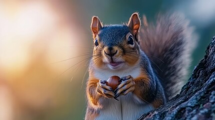Fototapeta premium A charming squirrel is captured holding an acorn, its expression animated and playful, with a soft golden sunlight background enhancing the tranquil nature ambiance of the moment.