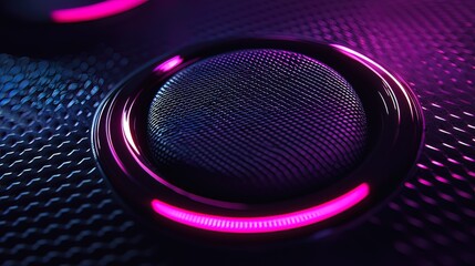 Close-up of a textured, metallic sphere with vibrant pink neon light accents.