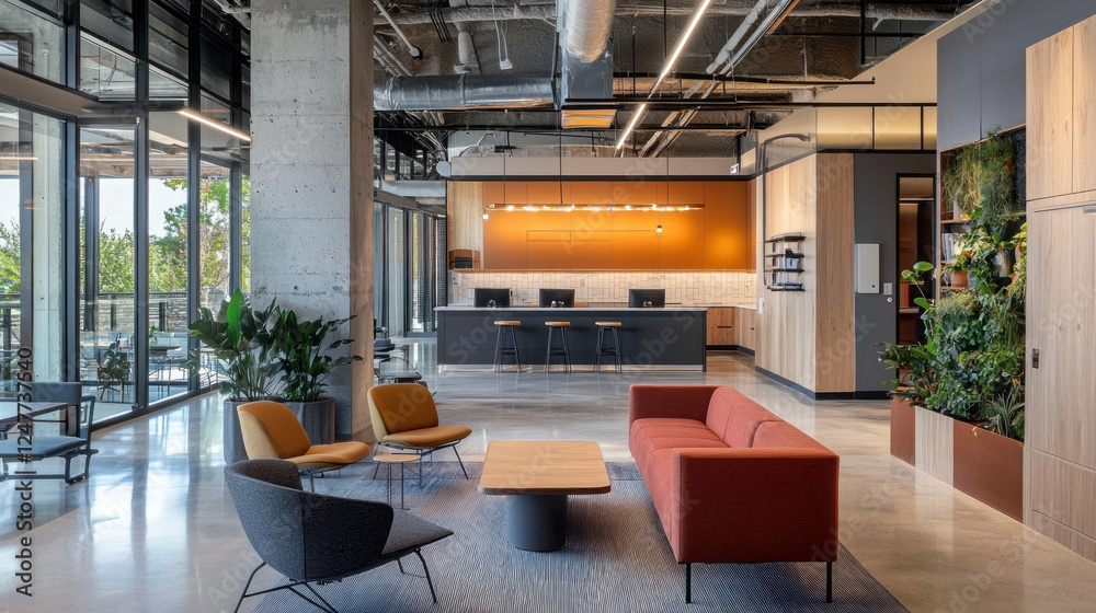 Poster bright and airy open workspace features a blend of modern design and natural elements; vibrant orang