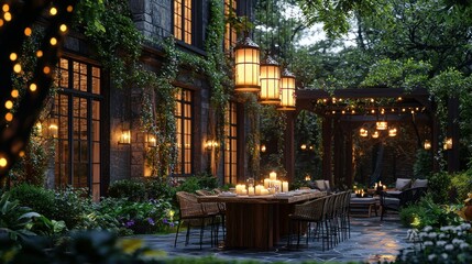 Evening garden party at stone mansion