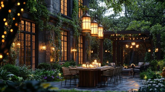 Evening garden party at stone mansion