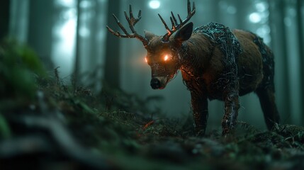 This cybernetic deer, adorned with bright circuitry and glowing features, strides through a misty woodland, creating a mystical atmosphere of nature enhanced by technology.