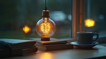 Evening reading illuminated bulb, books, coffee