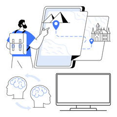 Man with backpack pointing at tablet screen displaying maps and landmarks, two connected brain icons, computer monitor. Ideal for travel planning, GPS navigation, brainstorming, digital tools