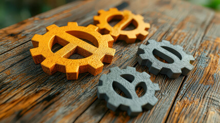 Fototapeta premium Colorful Wooden Gears on Rustic Table for Conceptual Background