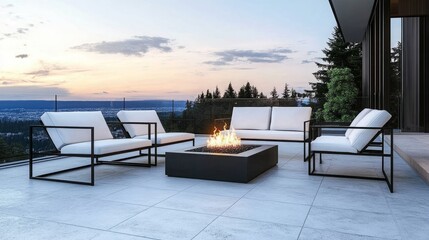 Obraz premium A minimalist roof terrace, modern metal-framed furniture, an elegant fire pit in the center, and discreet LED floor lighting. Panoramic views of the city skyline enhance the luxurious atmosphere