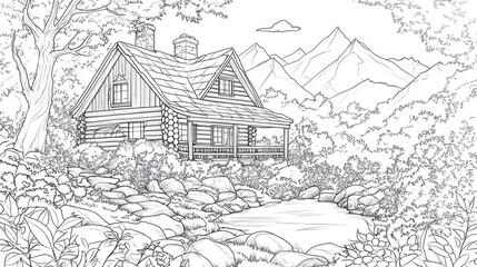 Mountain cabin by river, coloring page, tranquil nature