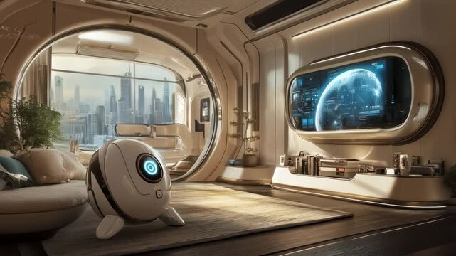 Futuristic Apartment with City View and Robot