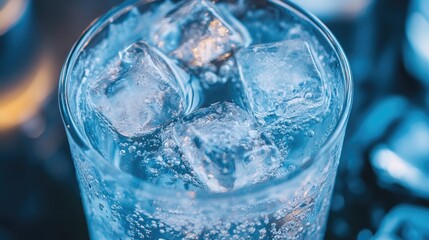 Refreshing glass of sparkling water with ice cubes, perfect for summer