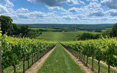 Naklejka premium Vineyard rows leading to scenic valley under blue sky.