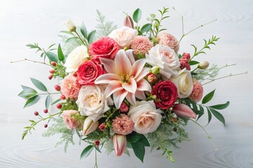A lavish arrangement of lilies, roses, carnations, and tulips in soft pink, coral, and white hues, artfully presented with lush greenery on a bright surface.