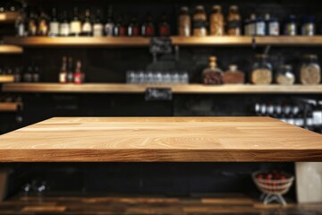 Empty wooden table with supermarket background for product placement