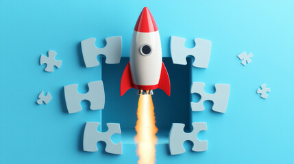 A rocket emerges from a puzzle piece background, symbolizing innovation and problem-solving against a vibrant blue backdrop.