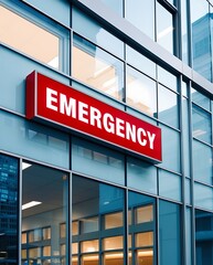 Modern hospital emergency entrance with bright red signage on glass building exterior, reflecting city lights, symbolizing urgent medical care, healthcare services, and critical response

