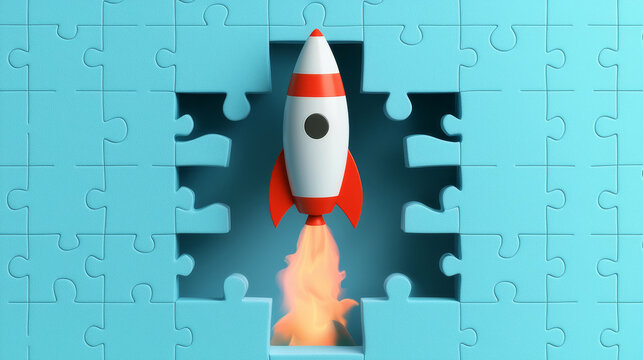 A vibrant rocket launches from a puzzle piece against a blue background, symbolizing innovation and problem-solving.