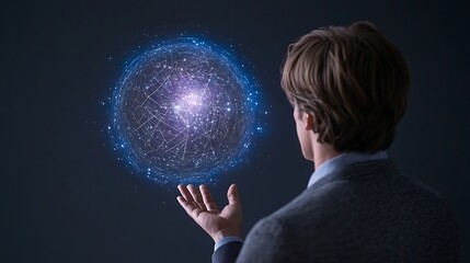 Naklejka premium A man in a suit interacts with a glowing digital sphere, symbolizing technology and innovation