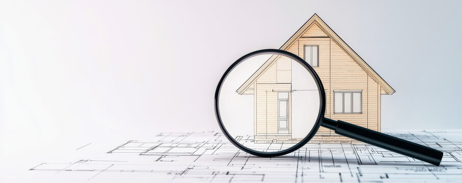 A magnifying glass focuses on a wooden house model, symbolizing construction, inspection, and architectural planning over blueprints.
