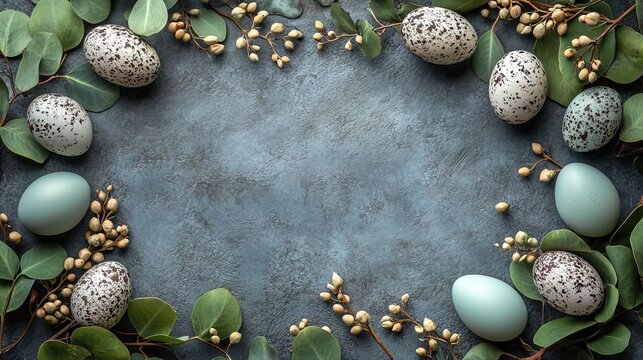 An elegant, spring-inspired Easter layout, captured in an overhead shot, showcases soft-hued eggs and fresh eucalyptus leaves on a sleek grey concrete surface, leaving space for text or ads.