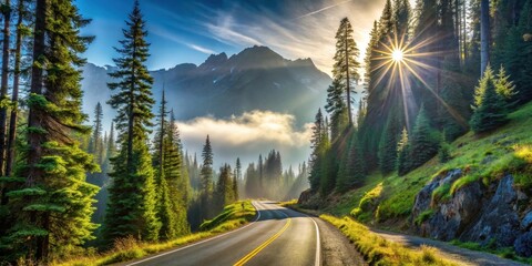Scenic mountain road winding through a lush evergreen forest bathed in the golden rays of a rising sun, creating a breathtaking vista of nature's beauty