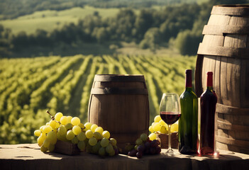 Fototapeta premium bottles wineglasses rural grapes barrel scene wine vinery goggles bottle sunset grape glass wood landscape vine winery grapevine background field harvest alcohol autumn tuscany table red drink