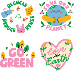 A set of fun and colorful Earth Day affirmation stickers with creative lettering, environmental messages, and playful designs to promote eco-friendly awareness and activism.