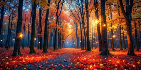 Fototapeta premium Autumnal Pathway Through a Magical Forest at Dawn, Illuminated by Soft Glowing Lights
