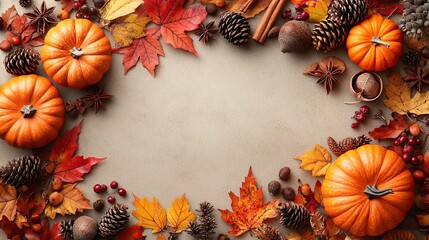 Autumn essentials Plaid, pumpkins, leaves, pine cone, cinnamon, acorn, and anise on beige capture autumn's essence.