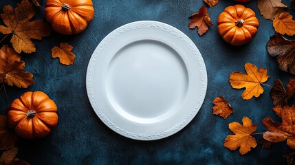 Autumn table setting Decorative pumpkins and an empty white plate on blue symbolize autumn and Thanksgiving.