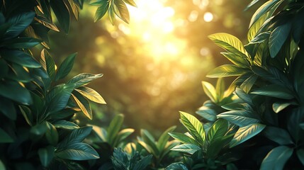 Fototapeta premium Lush Green Leaves Framing a Sunlit Background in Nature's Glow
