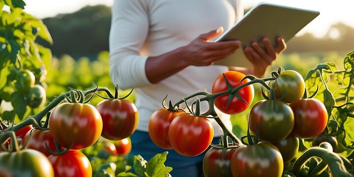 Farmer using a digital tablet in a tomato field, monitoring crop growth and farm productivity with smart agriculture technology for sustainable and efficient farming practices

 - Powered by Adobe