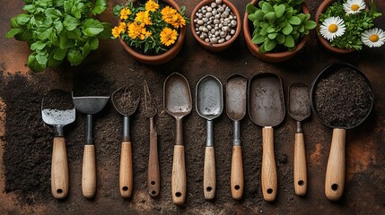 Budding flowers, gardening tools, and wooden markers on brown engage viewers in spring garden activities.