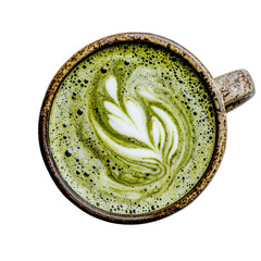 Green Matcha Latte with Leaf Design in Ceramic Cup Overhead View