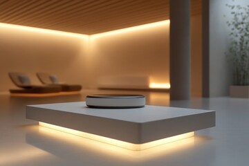 Modern living room with soft lighting and minimalistic design