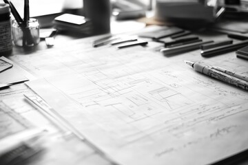 Architectural sketches and notes spread out on a table