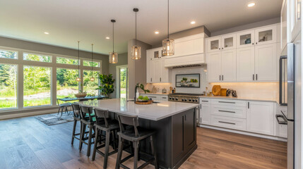 Modern Bright Kitchen with Island and Large Windows for Natural Light