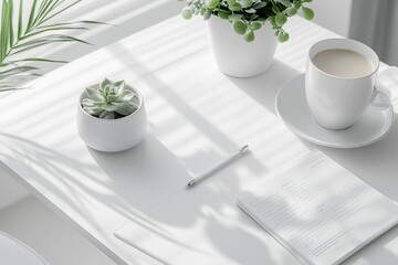 Minimalist white table with a coffee cup and green plant