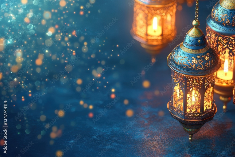 Poster Illuminated ornate lanterns with glowing lights and bokeh.