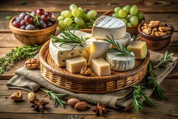 A Rustic Arrangement of Assorted Cheeses, Herbs, and Nuts on a Wooden Table