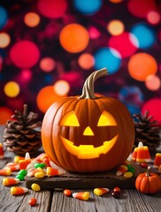 Glowing carved Halloween pumpkin with a classic jack-o'-lantern face surrounded by festive candy corn and autumn decorations against a colorful bokeh light background for a spooky atmosphere


